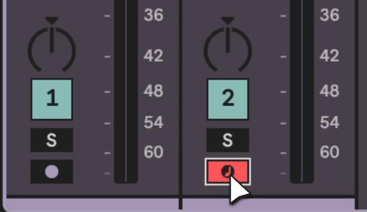 The record arm button at the bottom of a track in the Ableton Live mixer, lit red
