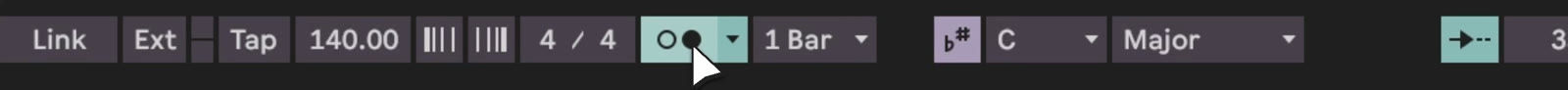 The Ableton Live top bar: Link, tap tempo, BPM, time signature, metronome and quantization set to 1 Bar