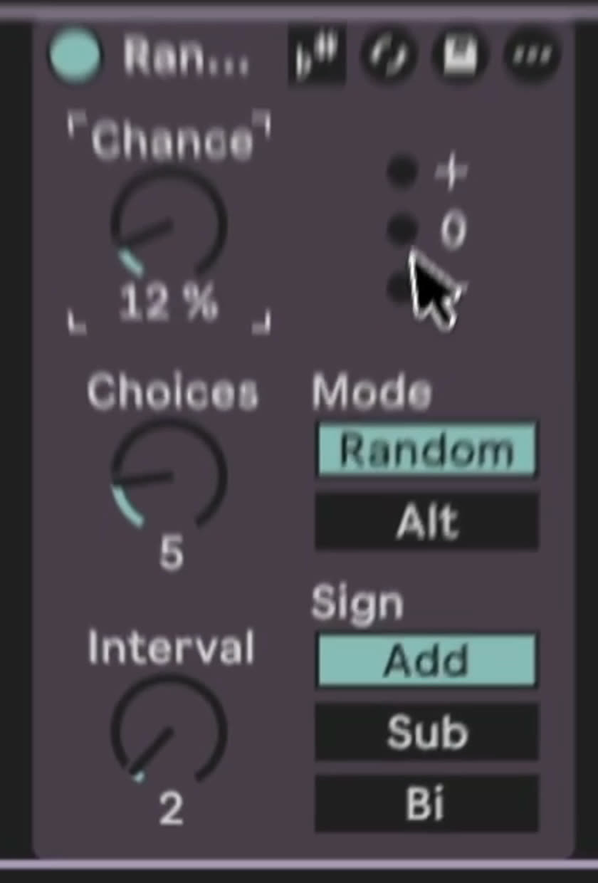 The Random device with Chance, Choices and Interval knobs, plus the Mode and Sign buttons set to Random and Add