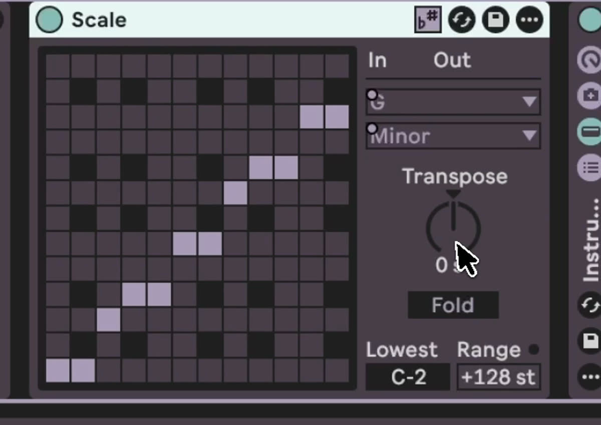 The Scale device with the key-sync button in its top right corner next to the scale grid and transpose knob
